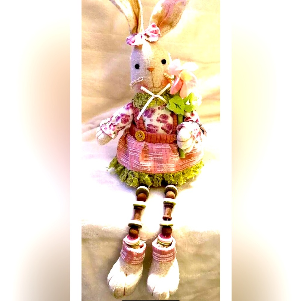 Pier 1 Easter Bunny Rabbit Shelf Sitter Dangle Button Legs Farmhouse Decor - Picture 2 of 11